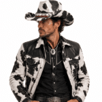 Chapeau cowboy paille motif vache noir blanc bandeau étoiles