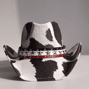 Chapeau cowgirl paille motif vache noir blanc bandeau étoiles