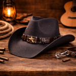 Chapeau cowboy paille noir avec bandeau étoile