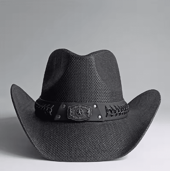 Chapeau cowboy paille noir avec bandeau étoile (3)