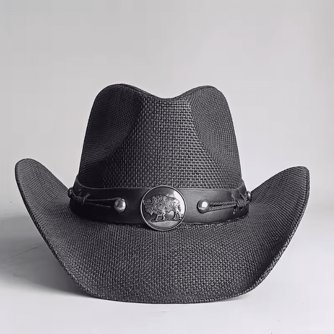 Chapeau cowboy paille noir bandeau bison (1)