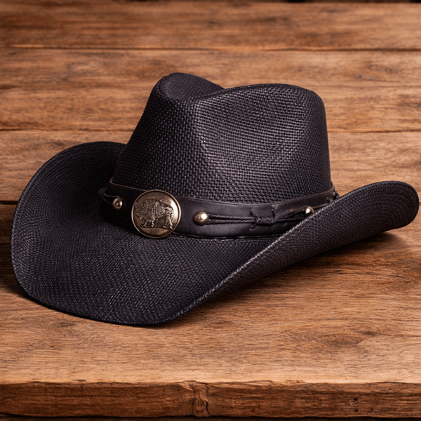 Chapeau cowboy paille noir bandeau bison (2)