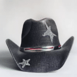 Chapeau cowboy paille noir étoile et bandeau brillant (1)