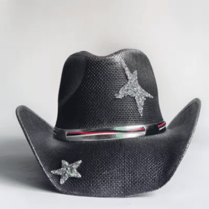 Chapeau cowboy paille noir étoile et bandeau brillant
