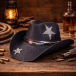 Chapeau cowboy paille noir étoile et bandeau brillant (2)