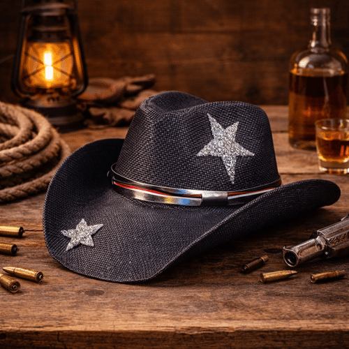 Chapeau cowboy paille noir étoile et bandeau brillant (2)