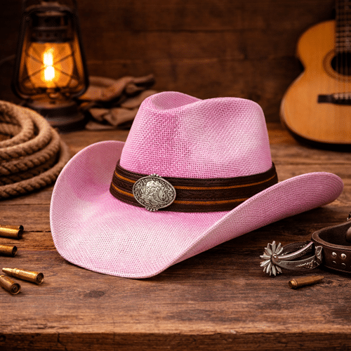 Chapeau cowboy paille rose bandeau botte (2)