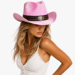 Chapeau cowboy rose papier tressé bandeau botte (1)