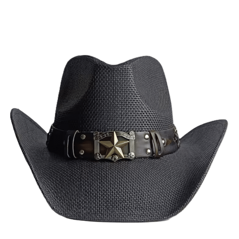 Chapeau cowboy tressé noir bandeau étoile (2)