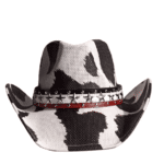 Chapeau cowgirl paille motif vache noir blanc bandeau étoiles
