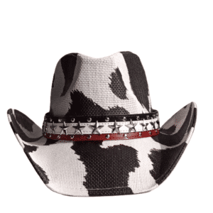 Chapeau cowgirl paille motif vache noir blanc bandeau étoiles