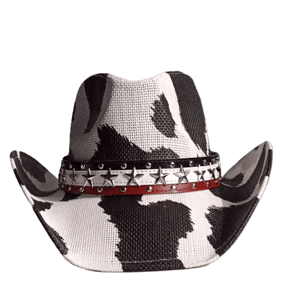 Chapeau cowgirl paille motif vache noir blanc bandeau étoiles