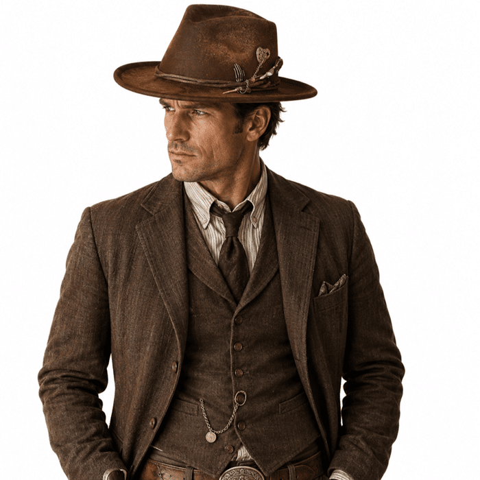 Chapeau fedora patiné effet vieilli style cowboy