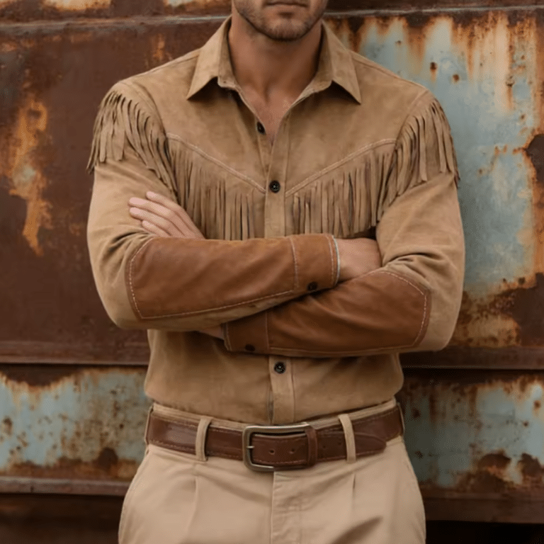 Chemise Cowboy Homme Franges en Suédine Beige (4)