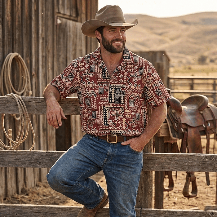 Chemise Cowboy Homme Rouge en Coton Motifs Western (1)