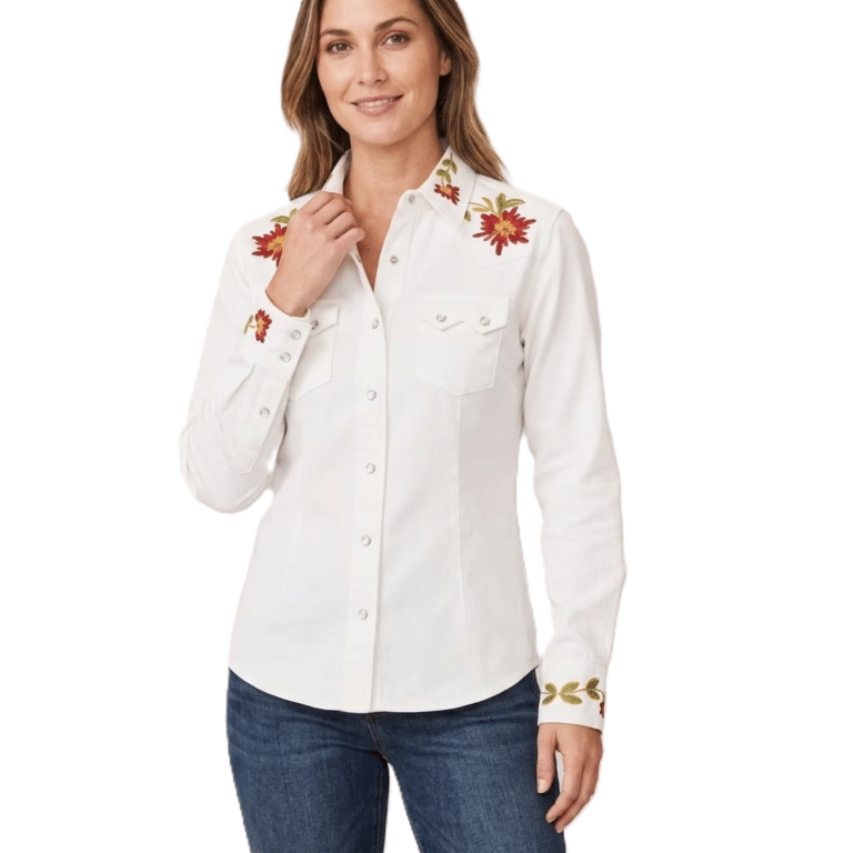 Chemise femme western côtelé blanche broderie floral (4)