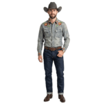 Chemise homme cowboy jean brodé floral coton lin (1)