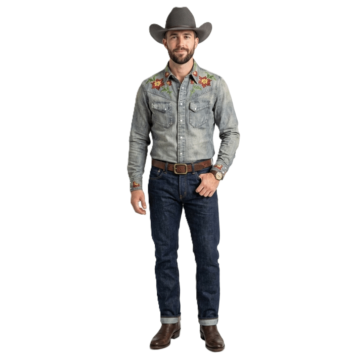 Chemise homme cowboy jean brodé floral coton lin (1)