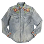 Chemise homme cowboy jean brodé floral coton lin (2)