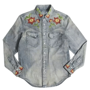 Chemise femme cowboy jean brodé floral coton lin