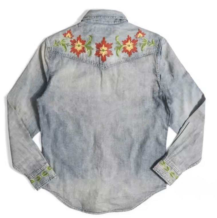 Chemise homme cowboy jean brodé floral coton lin (3)