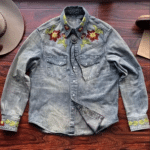 Chemise homme cowboy jean brodé floral coton lin (4)