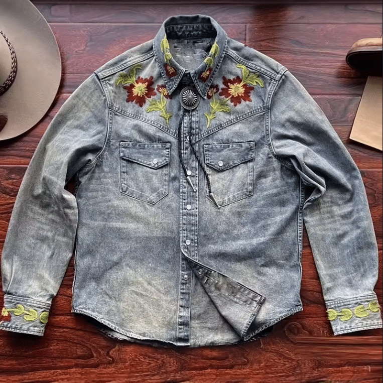 Chemise homme cowboy jean brodé floral coton lin (4)