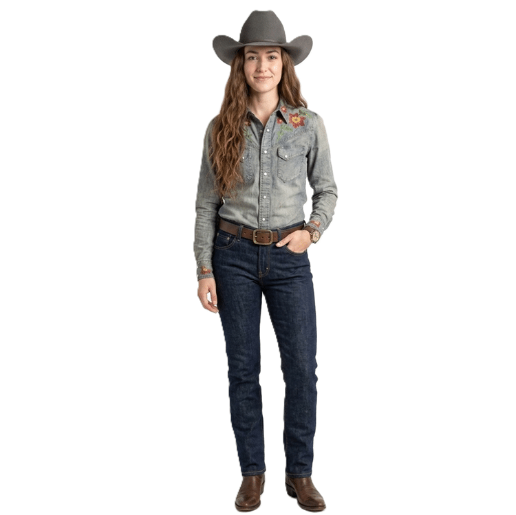 Chemise homme cowboy jean brodé floral coton lin (8)