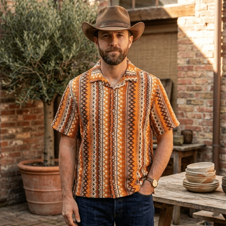 Chemise homme cowboy motif aztec oversize col cubain (1)