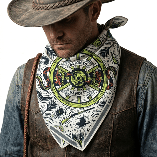 Foulard cowboy coton motif Bandits roue western vintage2