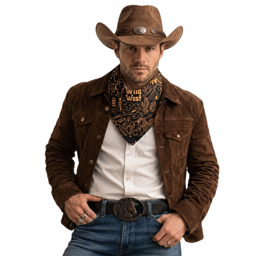 Foulard cowboy motif Wild West vintage noir et doré2