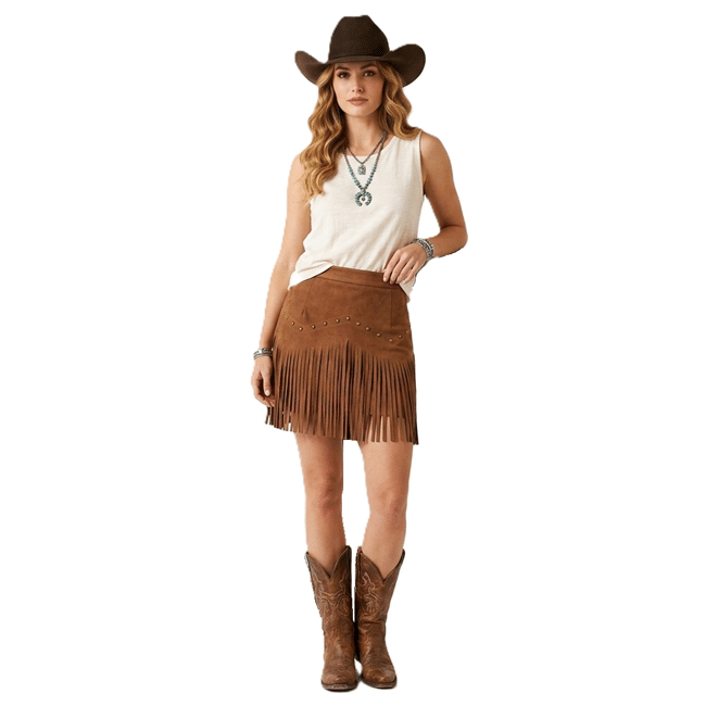 Jupe cowboy à franges en simili cuir avec rivets (5)