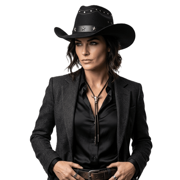 Le chapeau cowboy femme noir en simili cuir avec rivets et étoiles