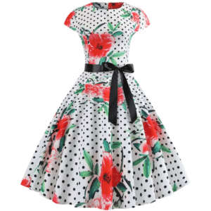 Robe western vintage blanche à pois et fleurs