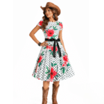 Robe western vintage blanche à pois et fleurs