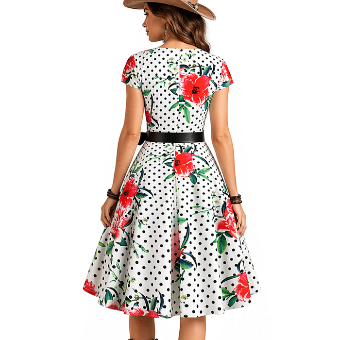 Robe western vintage blanche à pois et fleurs (6)