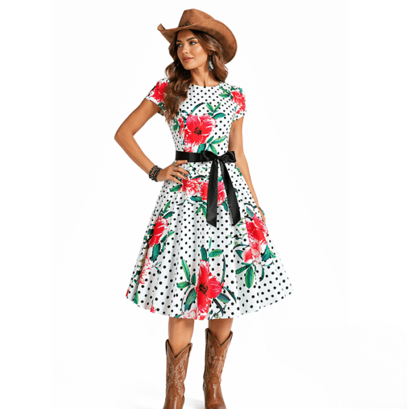 Robe western vintage blanche à pois et fleurs