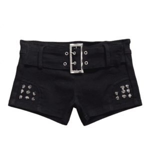 Short cowboy noir ceinturé à boucle métallique et clous