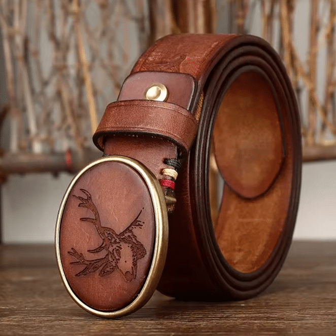 ceinture cowboy cuir marron boucle cerf gravé (1)