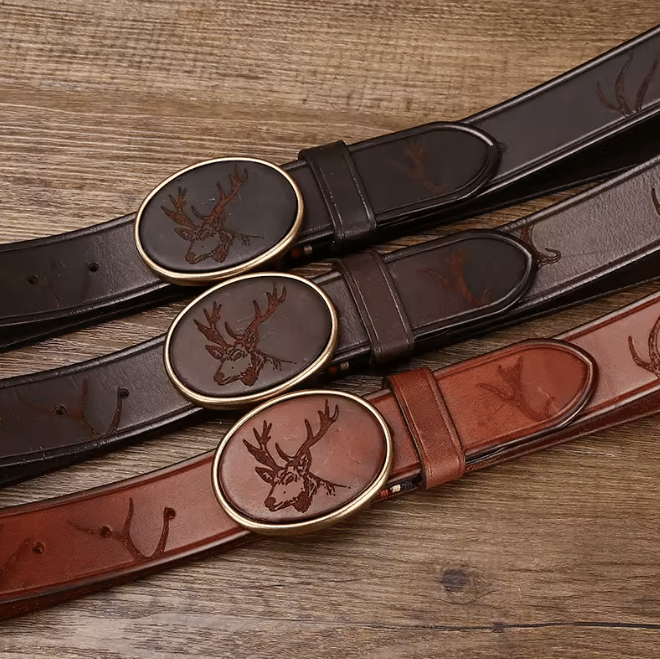 ceinture cowboy cuir marron boucle cerf gravé (2)