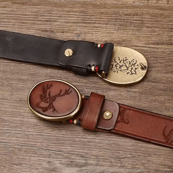 ceinture cowboy cuir marron boucle cerf gravé (5)