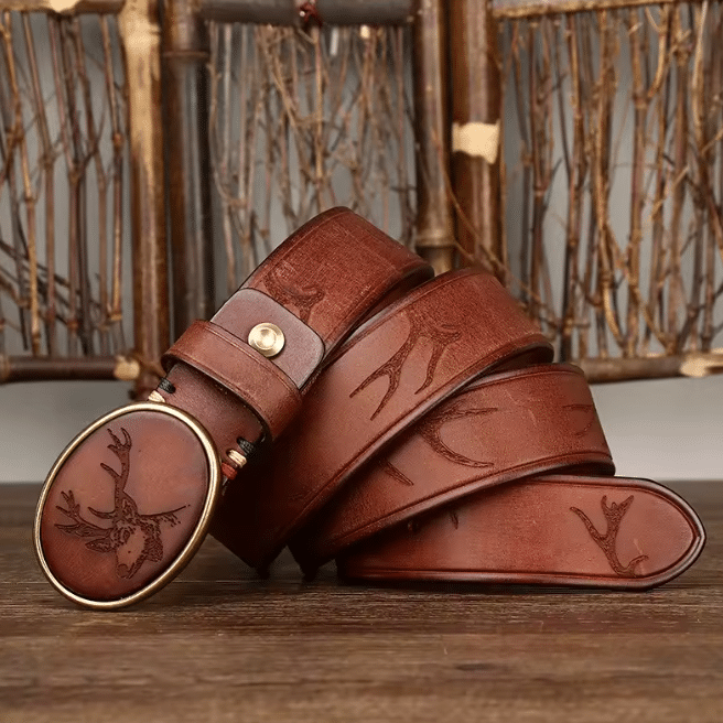 ceinture cowboy cuir marron boucle cerf gravé (7)