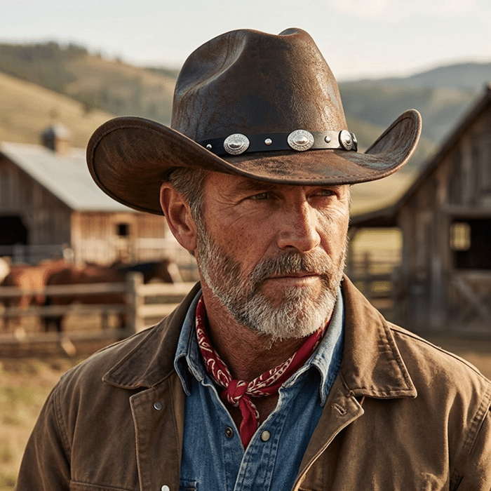 chapeau cowboy homme marron simili cuir effet vieilli bandeau médaillons