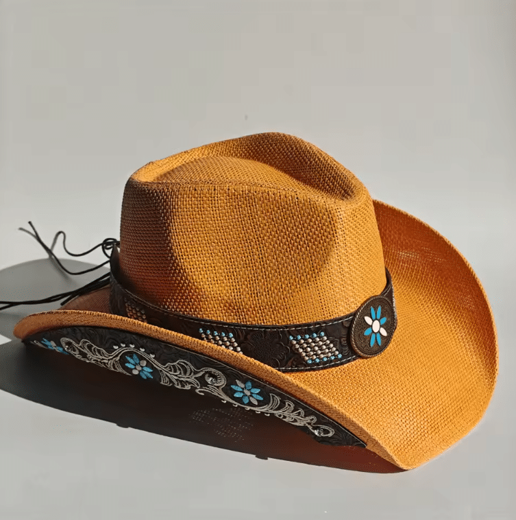 chapeau paille orange ruban turquoi