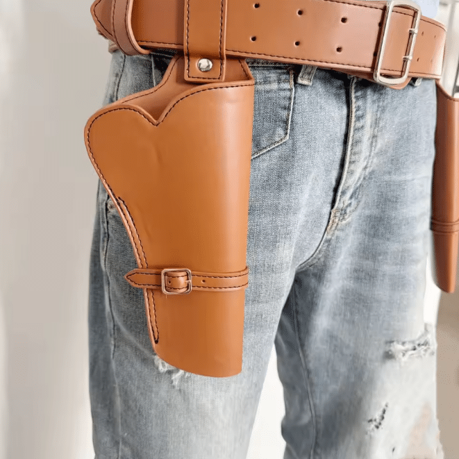 Ceinture cowboy double holster porte-balles simili cuir camel (3)