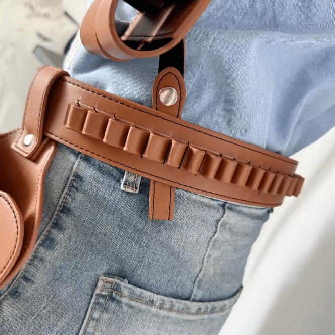 Ceinture cowboy double holster porte-balles simili cuir camel (4)
