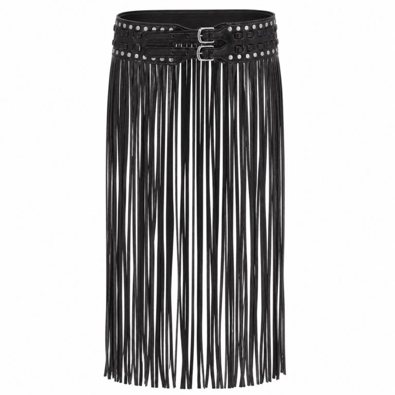 Ceinture western franges noire clous argent double boucle (1)