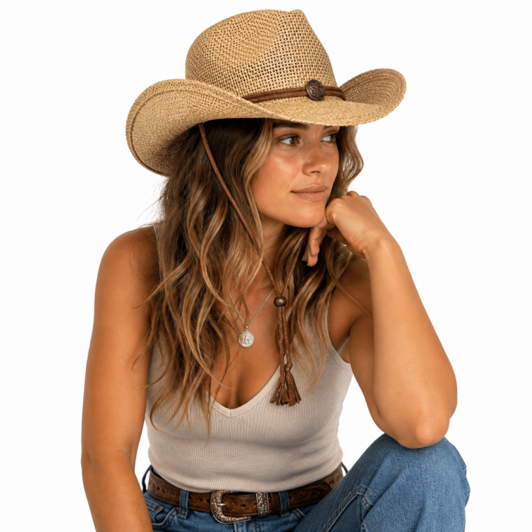 Chapeau cowboy femme effet paille corde concho