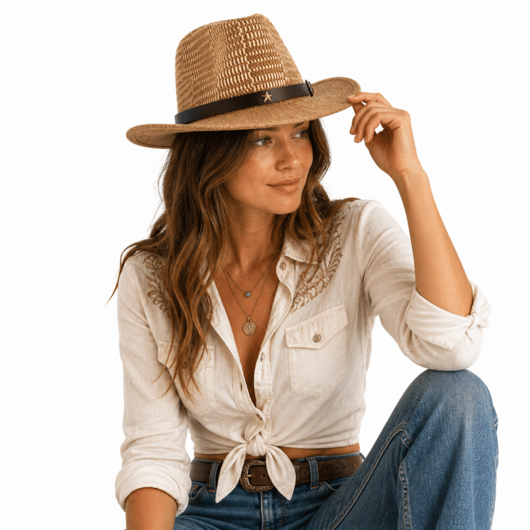 Chapeau cowboy femme effet paille tressée style fedora