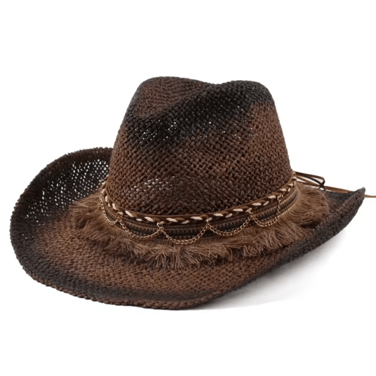 Chapeau cowboy homme en paille naturelle bandeau tressé à franges (2)